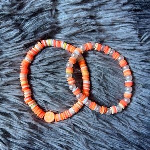 Neon Orange Fruit Slice and Pearl Clay Bead Artisan Bracelet Set